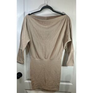 Fashion Nova Women's Beige Off-Shoulder Ribbed Knit Dress Size M Casual Fall